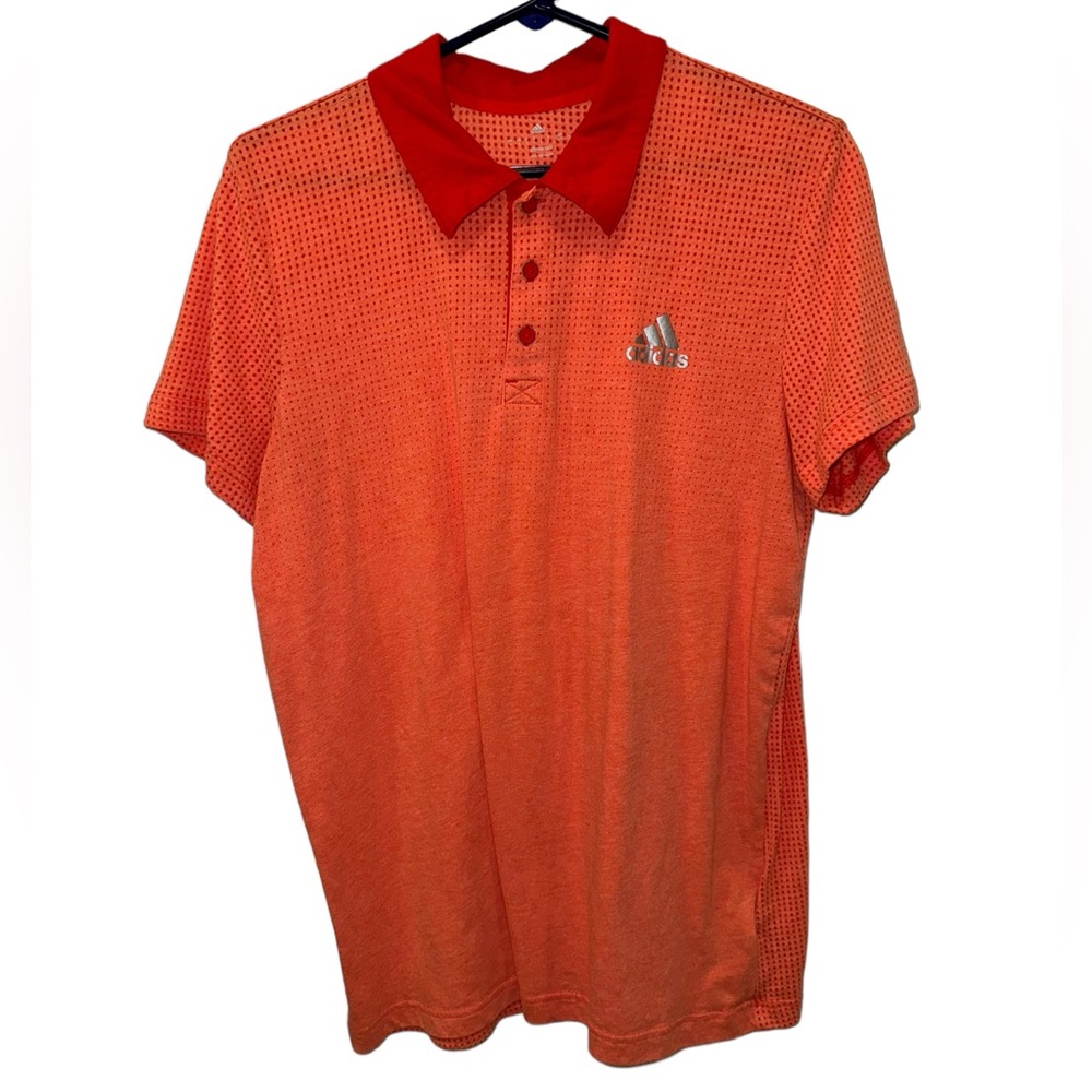 Men’s Adidas Bright Orange Dry Fit Short Sleeve Patterned Polo Shirt. Size Large